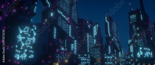 Beautiful neon future. Panorama of a futuristic city. Wallpaper in a cyberpunk style. 3D illustration. Huge futuristic skyscrapers glowing with neon light against the background of the night sky.