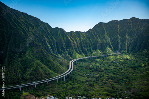 Aerial H-3 H3 Intrastate Highway Oahu Hawaii with tunnel
