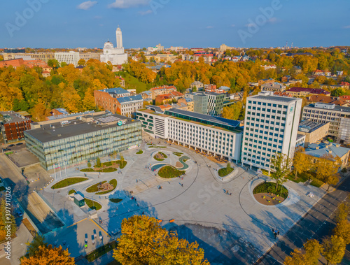 Aerial view of freshly reconstructed Unity Square in Kaunas