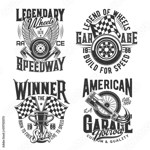 Racing sport, motocross speedway t-shirt prints for cars races and rally, vector icons. Racing championship and motorcycle speedway cup, wheels on fire and finish victory flag with engine pistons