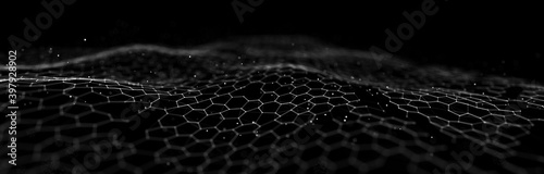 Futuristic black hexagon background. Futuristic honeycomb concept. Wave of particles. 3D rendering.