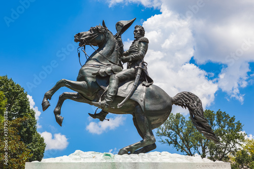 President and Major General Andrew Jackson sculpture across from the White House in Lafayette Square in Washington, DC. Sculpted by Clark Mills in 1853. Depicts Jackson on horseback