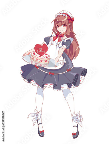 Anime manga girl dressed as a maid. Waitress with a tray holds a birthday cake. Vector illustration