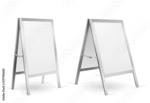 Pavement sign, blank sidewalk advertising stand isolated on white background. Vector realistic mockup of white sandwich board in metal frame, handheld banner for menu, ad or announcement