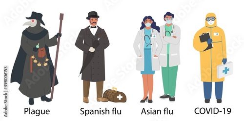 World pandemic doctor cartoon character set, flat vector illustration. Medieval plague, 1918 spanish influenza, 1957 asian flu, coronavirus Covid-19 pandemic. Healthcare professionals costume, uniform