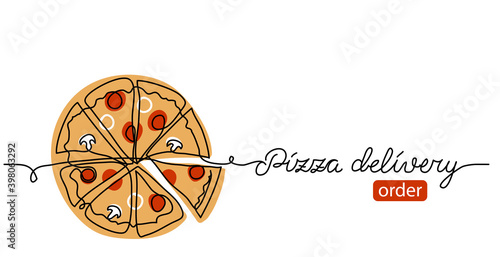 Pizza doodle, sketch vector banner, background, poster. One continuous line art drawing banner with text pizza delivery, order.