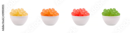 Mix tapioca pearls for bubble tea isolated on white background. Tapioca pearls in bowl.