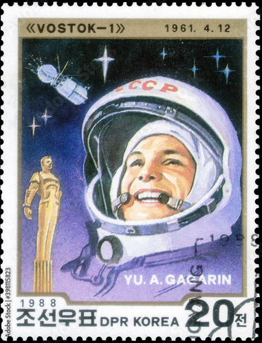 Postage stamp issued in the North Korea with the image of the Yuri Gagarin. From the series on First Man and Woman in Space, 1988