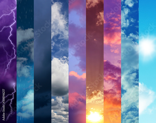Photos of sky during different weather, collage