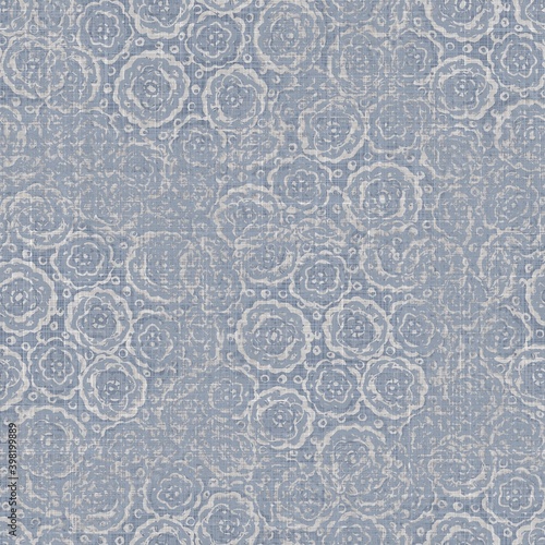 Seamless french farmhouse linen mottled print background. Provence blue gray linen rustic pattern texture. Shabby chic style worn woven blur flax textile all over print.