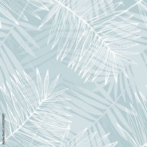 Abstract tropical foliage background in pastel blue colors. Palm leaves line art seamless pattern.