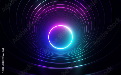 Glowing neon ring light in tunnel. 3d render. Futuristic abstract wallpaper.