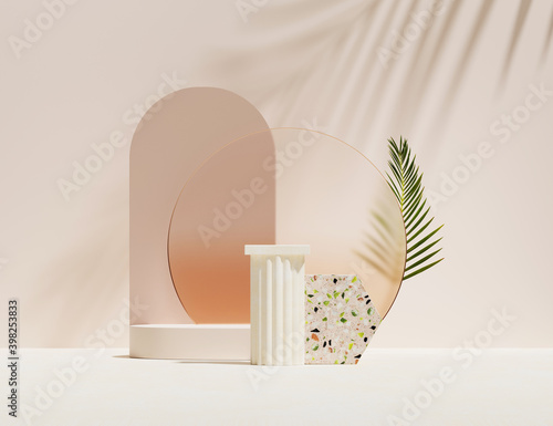 3D podium display set on beige background. Summer pastel pedestal with green and orange terrazzo. Beauty product, cosmetic promotion with palm leaf shadow. Tropical studio template. Abstract 3D render