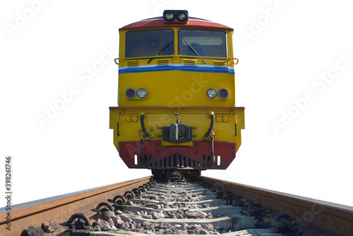 Low angle shot front of Train head yellow or locomotive on the tracks of thailand isolated on white background