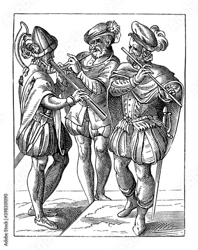 German musicians playing wind instruments, woodcut by Jost Amman, 16th century