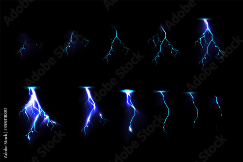 Sprite sheet with lightnings, thunderbolt strikes set for game fx animation. Vector realistic set of blue electric impact at night, sparking discharge of thunderstorm isolated on black background