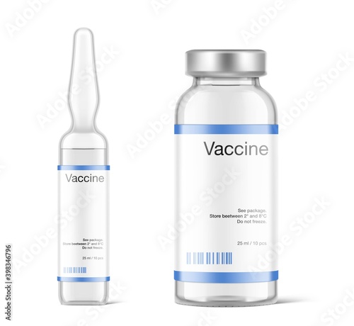Transparent glass ampule and bottle for vaccine injections mockup. Vector illustration isolated on white background. Can be use for medicine, cosmetic and other. Ready for your design. EPS10. 