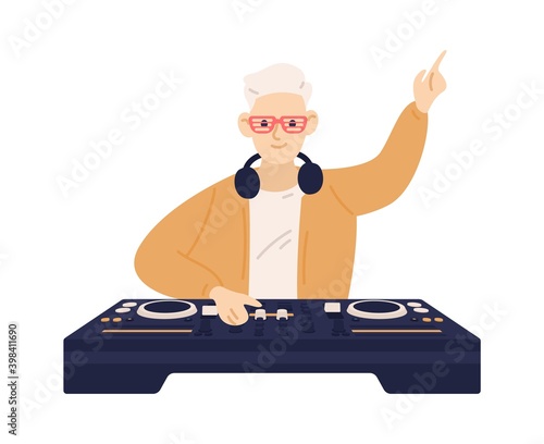 Young trendy disc jockey playing electronic dance music on dj console. Male musician mixing audio records on turntable panel. Flat vector cartoon illustration isolated on white background