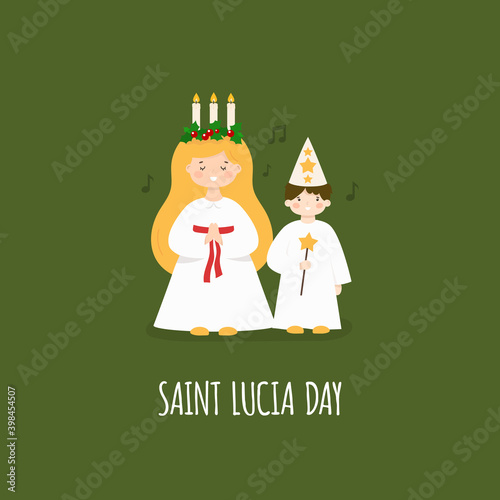 St Lucia Day. Kids wearing traditional costumes. Boy and girl with candles, star, wreath. Vector