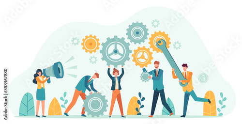 Business people with gears. Employee team create mechanism with cogs, manager with megaphone. Tiny person teamwork motivation vector concept