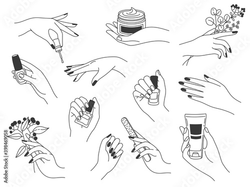 Hand manicure and care. Female logos for nail cosmetics and beauty spa salon. Hands paint, file nails, holding polish and cream, vector set
