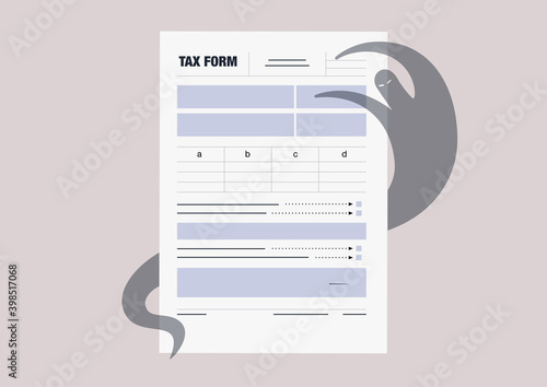 Tax form filling phobia, a scary monster creature interfering the paperwork