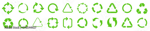 Biodegradable, compostable, recyclable icon set. Set of green arrow recycle. Mega set of recycle icon. Green recycling and rotation arrow icon pack.Vector illustration