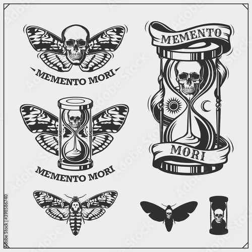 Memento mori. Hourglass, butterfly and skull. Brevity of human life. Print design for t-shirt.