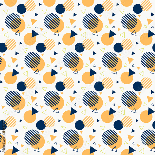 Memphis-style pattern. Circles and triangles of different colors. Abstraction. Minimalistic and simple style. Vector illustration isolated on white background. For packaging, fabric, scrapbooking and