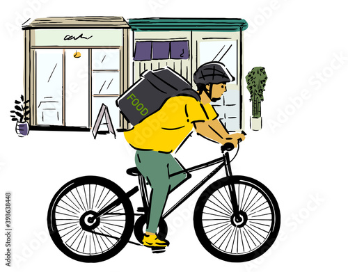 フードデリバリーの配達員と飲食店のイラスト Illustration of food delivery delivery staff and restaurants