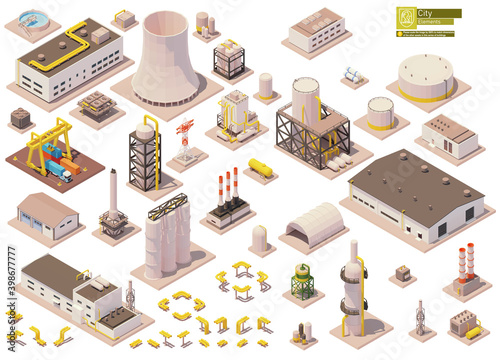 Vector isometric factory buildings and machinery set. Factory or plant buildings, equipment, pipes, chimney, tanks, crane, warehouse, industrial facilities. Isometric city map elements