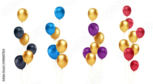 Set of festive bouquets of gold, blue, red, black and purple balloons isolated on white background. Vector illustration