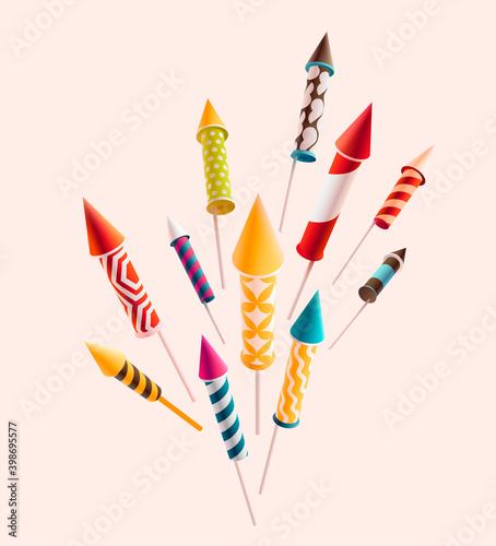 Fireworks set rocket. Colorful vector decoration 3d object.