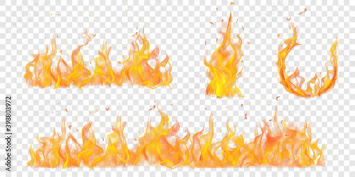 Set of translucent burning arc and campfires of flames and sparks on transparent background. For used on light illustrations. Transparency only in vector format