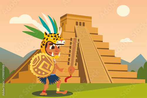 aztec warriors in headgear shield pyramid landscape
