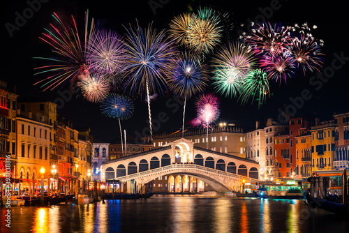 Rialto bridge and fireworks in Venice, Italy