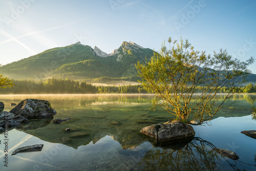 Hintersee lake at sunny morning light. Bavarian Alps on the Austrian border, Germany, Europe
