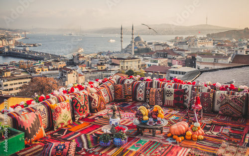 Great panoramic view of Istanbul from high terrace decorated traditional colorful ornamental pillows