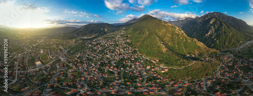 Wide panorama of Konitsa town in Epirus Greece and Pindos mountain near group villages Zagorochoria