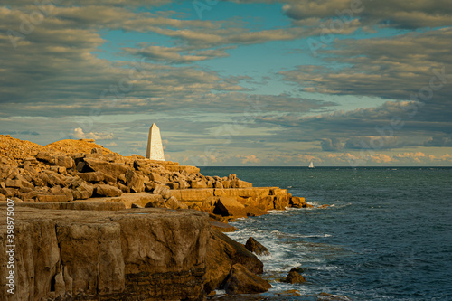 The Trinity House Obelisk located at Portland Bill, on the Isle of Portland, Dorset, England. Built in 1844 as a daymark to warn ships off the coast of Portland Bill.