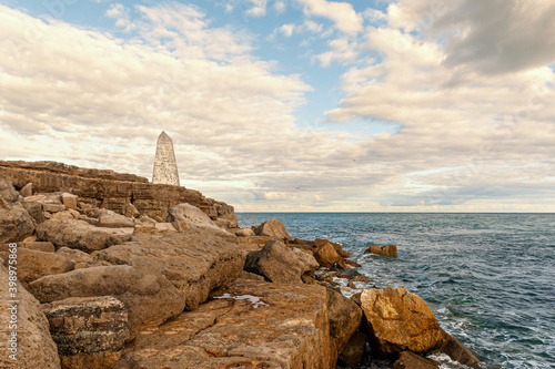 The Trinity House Obelisk or the Trinity House Landmark, located at Portland Bill, on the Isle of Portland, Dorset, UK. Built in 1844 as a daymark to warn ships off the coast of Portland Bill.