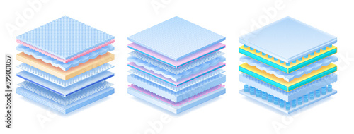 Layered material. Realistic orthopedic mattress, baby diaper or sanitary pad. 3D advertising models. Isolated antibacterial disposable textiles. Soft filler, comfort synthetic fiber, vector sample set