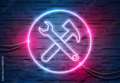 Tool neon icon illuminating a brick wall with blue and pink glowing light 3D rendering