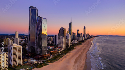 Aerial sunrise view over Surfers Paradise beach and skyline
