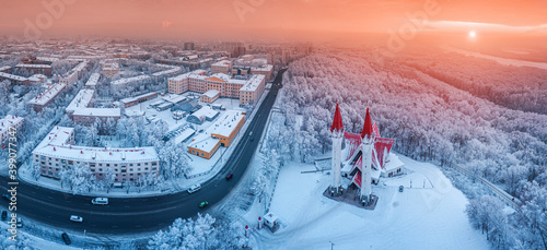 Aerial drone view of the famous landmark of Ufa and Bashkiria - Lala Tulip mosque during sunset in winter season. Islamic religion and muslim culture in Russia concept