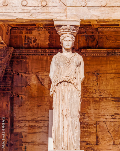 Caryatid statue closeup on original Erechtheion ancient temple, Athens Greece