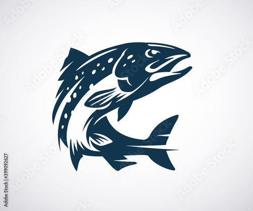Salmon or trout logo template. Jumping fish isolated on white background. Fishing concept. Vector illustration.