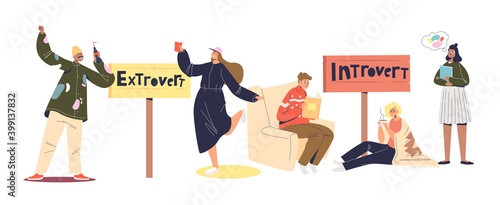 Extravert and introvert cartoon characters. Set of people of introverted and extraverted mindset