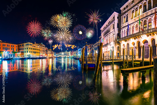 Fireworks at Grand Canal near Rialto bridge in Venice, Italy