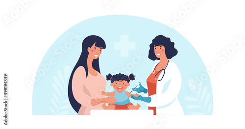 Concept illustration about vaccination of children, mother and child at the doctor s appointment. The pediatrician treats the baby. Flat vector illustration isolated on white background